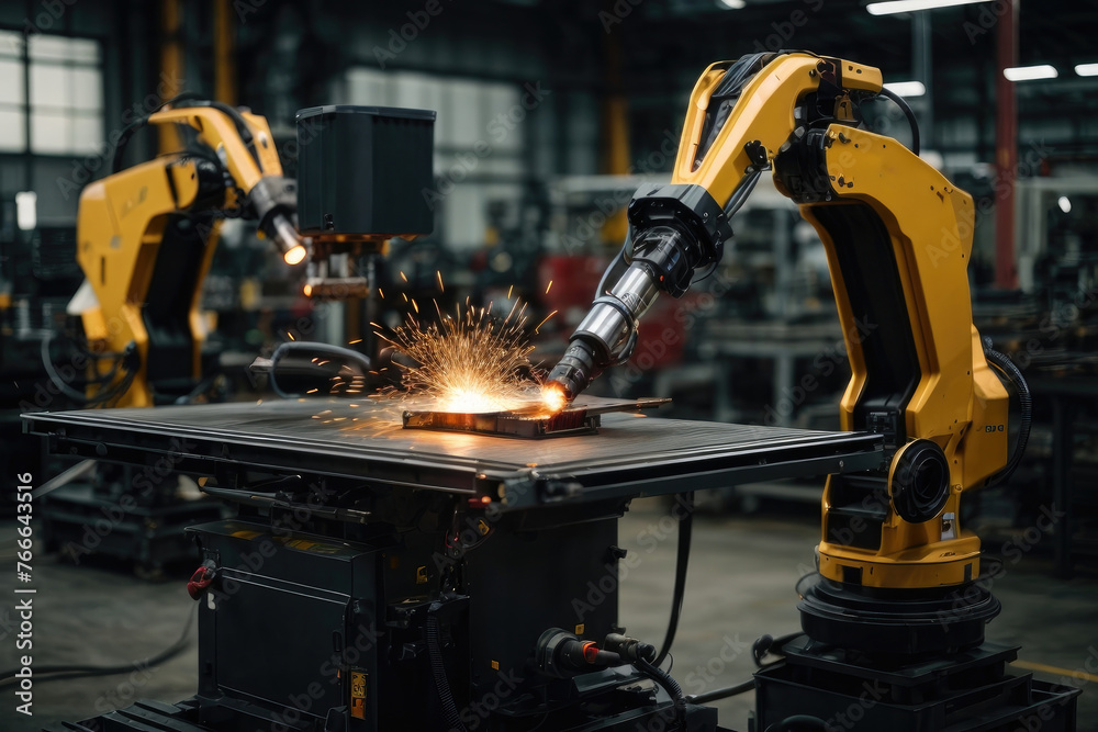 Precision robotic arm conducting welding in an industrial manufacturing unit.