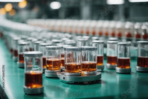 A pristine array of medical vials lined up on an automated pharmaceutical production conveyor.