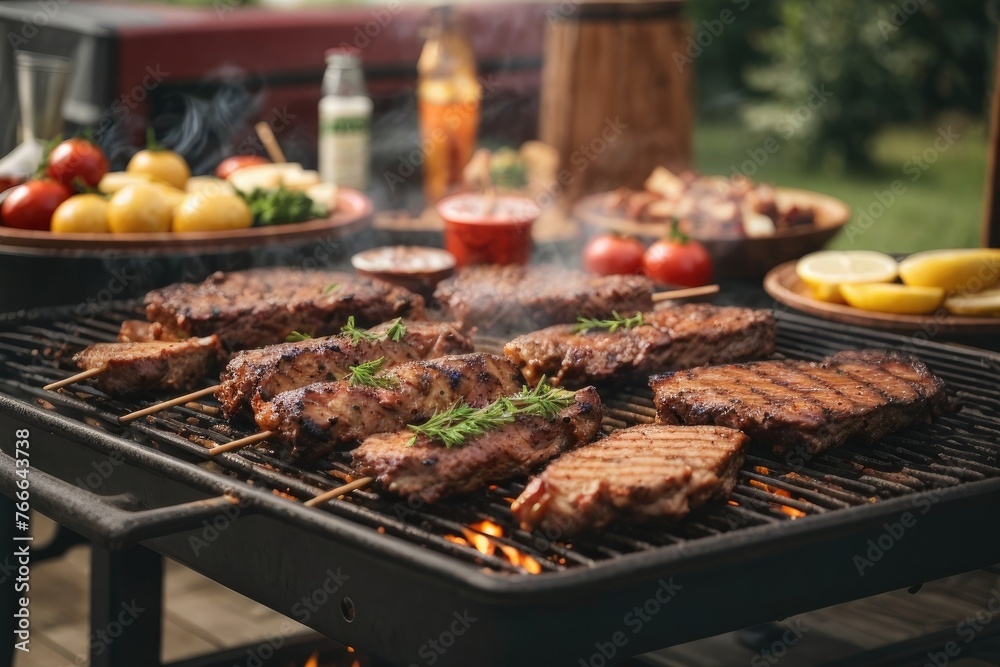 Summer barbecue grill party with a variety of meats sizzling over the coals.