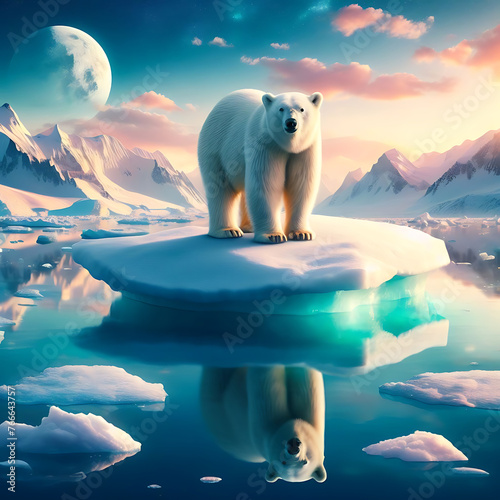 Mystical Arctic Reflection  A Polar Bear Amidst the Serene Beauty of Northern Lights and Majestic Mountains