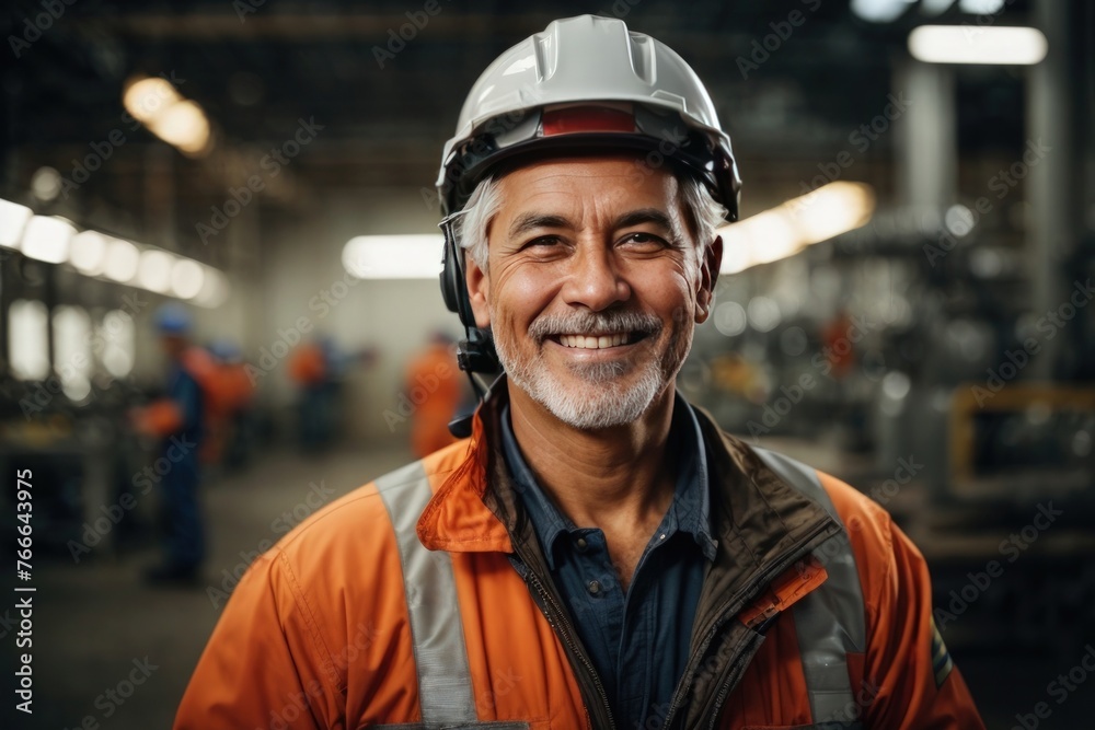 Experienced factory worker with a protective vest in the industrial setting. Experienced factory worker with a protective vest in the industrial setting.