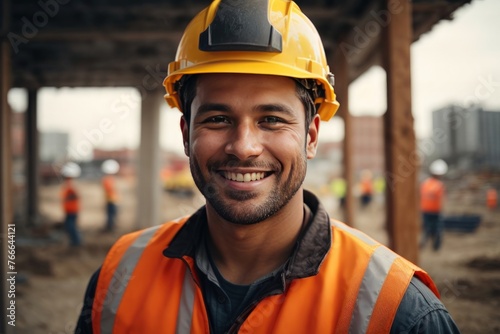 Smiling construction worker at a building site.