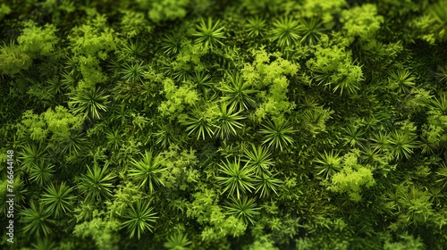 Top view of a green moss wall. The moss is dense and lush  with a variety of shades of green.