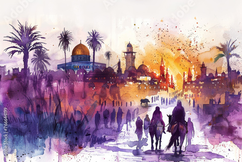 Purple watercolor of Jesus riding a donkey to Jerusalem, palm sunday