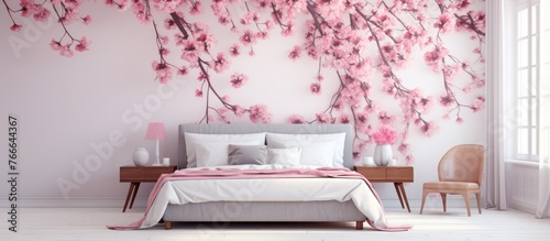 Capture a detailed close-up shot of a bed in a bedroom adorned with a captivating wall mural