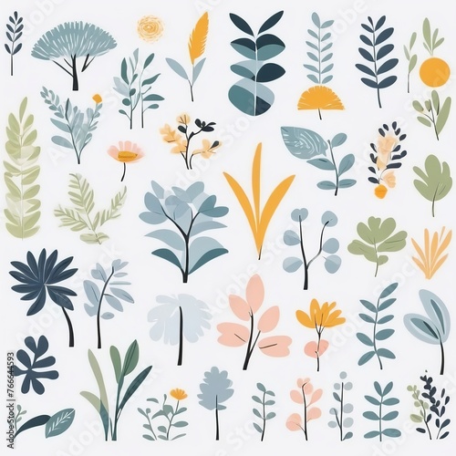 A collection of seamless pattern  colorful abstract plants and flowers. Hand drawn Collection of leaves and flowers. A close up of a pattern of flowers and leaves. 