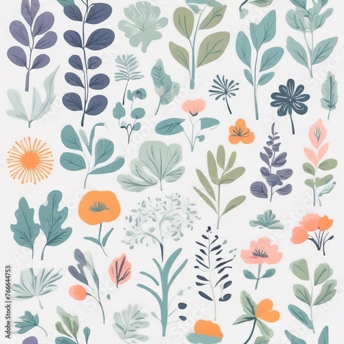 A collection of seamless pattern, colorful abstract plants and flowers. Hand drawn Collection of leaves and flowers. A close up of a pattern of flowers and leaves. 