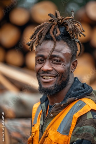 Happy African lumberjack with dreads in orange safety vest smiling