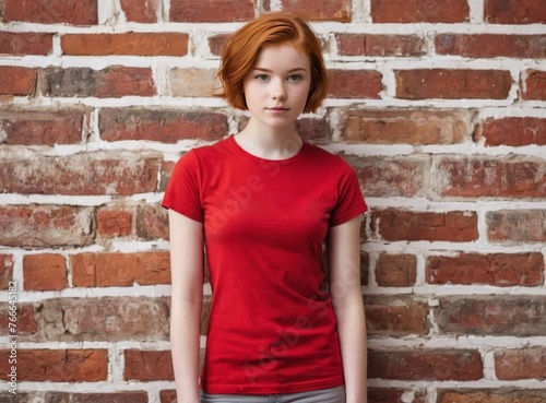 Young redhead girl on the background of a white brick wall photo