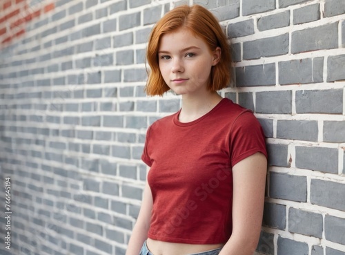 Young redhead girl on the background of a white brick wall photo