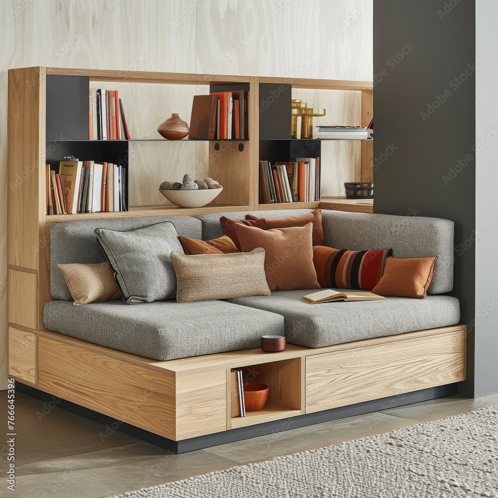 Cozy reading nook with an integrated bookshelf sofa in earthy tones, blending storage and comfort in a modern living area. Cozy reading nook with an integrated bookshelf sofa in earthy tones, blending storage and comfort in a modern living area.