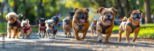 Urban pet walking service: Multitude of breeds in city park setting