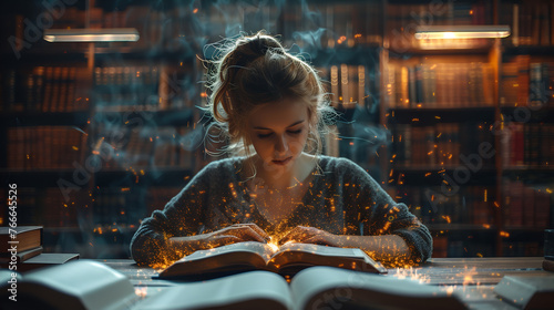 Jeune femme étudie ou lit un livre, effet graphique avec des lumières