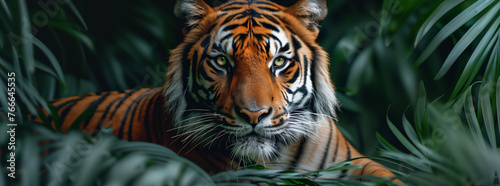 Intense Gaze of a Tiger Amongst Lush Jungle Foliage 