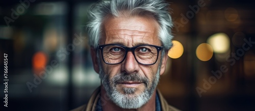 Capture a detailed image featuring a man in close-up with distinctive facial features like glasses and a beard. photo