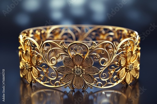 Opulent gold bracelet adorned with intricate filigree photo