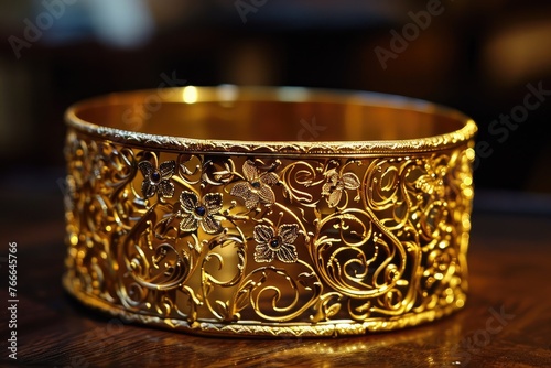 Opulent gold bracelet adorned with intricate filigree photo