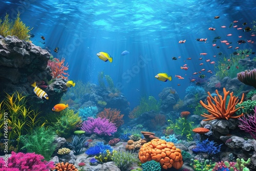 Organic coral reef with colorful marine life in a realistic 3D underwater backdrop © SaroStock