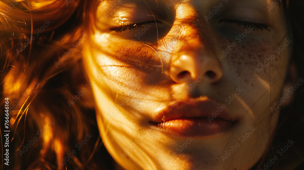 Close-up portrait of a beautiful girl with freckles on her face