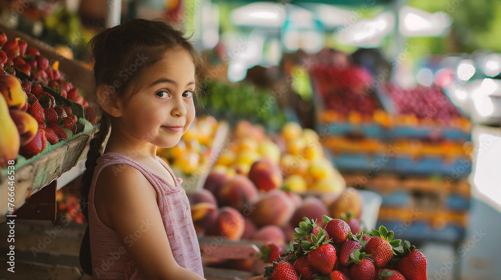 Portrait of a cute little girl choosing fruits at the fruit market