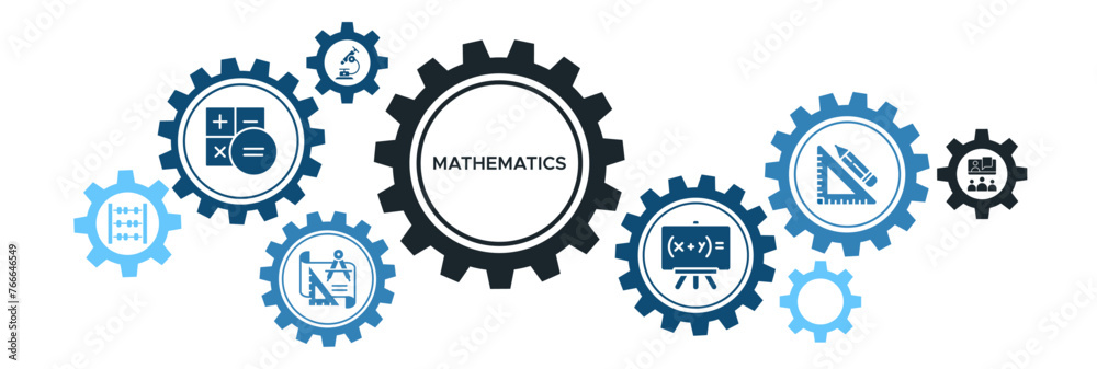 Mathematics banner web icon vector illustration concept with icon of calculate, algebra, geometry, measurement, counting, analysis and educate