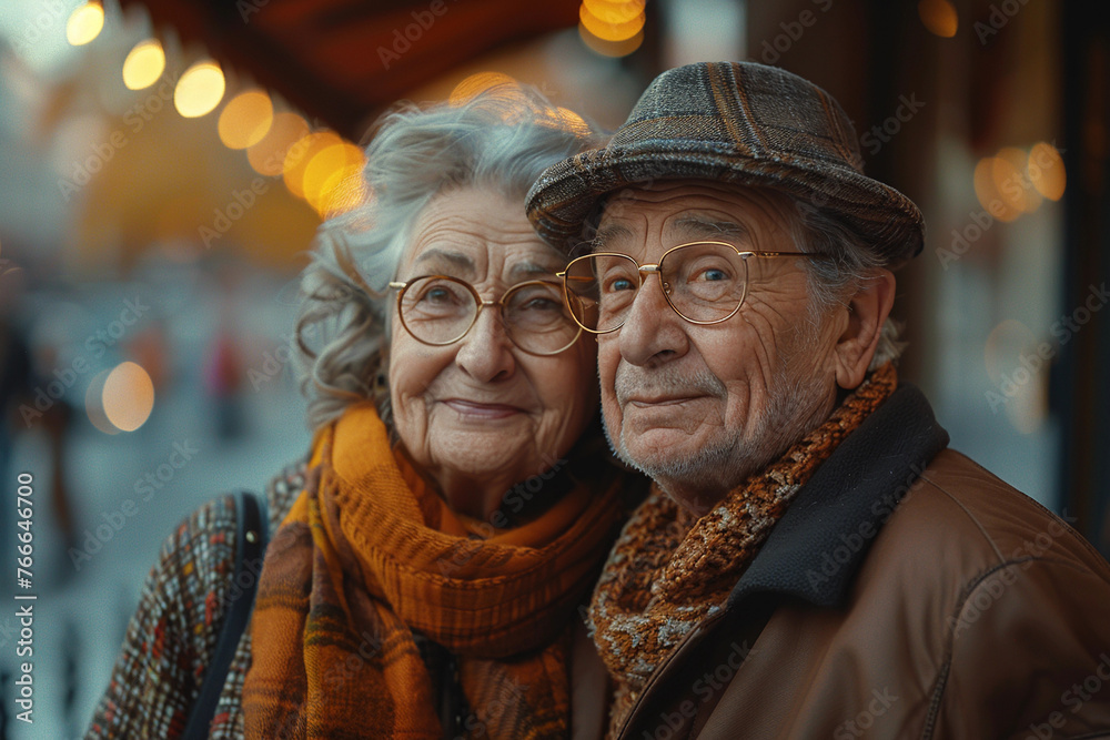 Close up portrait of Senior elderly loving couple very old man and old woman wearing warm coats and hats hugging walking at city streets or park at autumn or winter. Faces covered wrinkles Close up portrait of Senior elderly loving couple very old man and old woman wearing warm coats and hats hugging walking at city streets or park at autumn or winter. Faces covered wrinkles