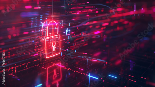 A neon padlock symbolizes cybersecurity amidst flowing digital data lines and circuits, highlighting the intersection of technology and security in a visually striking manner