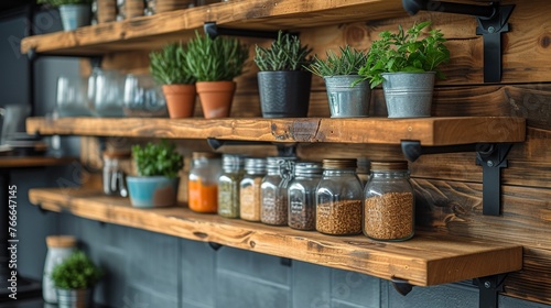 Rustic open shelving in a kitchen displaying an array of potted herbs and neatly organized glass jars with various grains