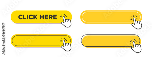Vector yellow push button set. Click here button with hand pointer clicking