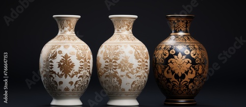 Three vases with intricate designs are placed next to each other