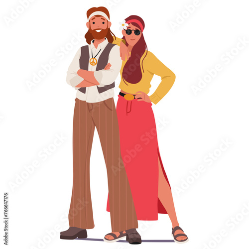 Free-spirited Hippie Subculture Couple Embraces Peace, Love, And Harmony. Their Attire Features Flowing Fabrics © Hanna Syvak