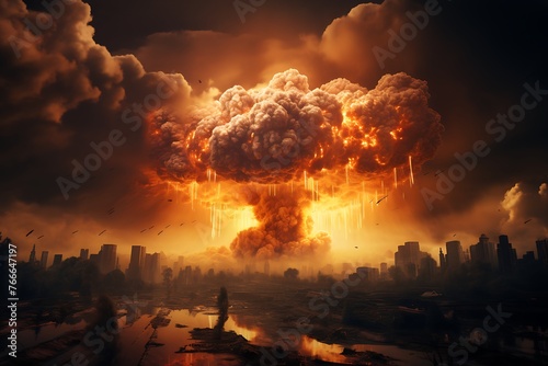 Big explosion in the sky. Collage. 3D rendering.