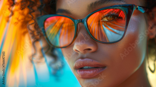 Girl with palm reflections in sunglasses. Close up portrait, summer vibes, sea, beach destinations and vacation concept.