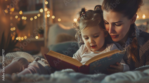 mother reads a fairy tale to a child photo