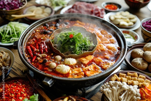 Sichuan hot pot with an assortment of ingredients, A spicy Sichuan hot pot brimming with diverse ingredients.