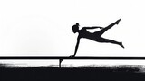 A striking silhouette of a gymnast executing a perfect balance beam routine, their precision highlighted against a backdrop of seamless white.