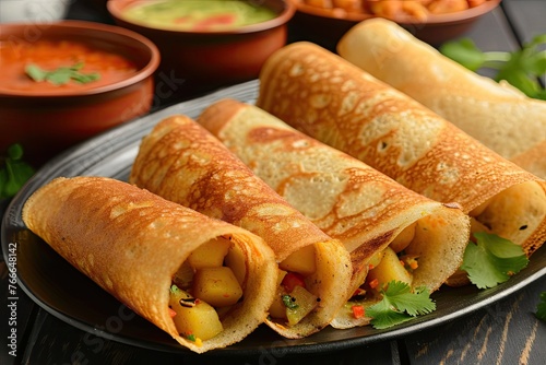 South Indian masala dosa with potato filling, A traditional South Indian masala dosa filled with spiced potatoes.