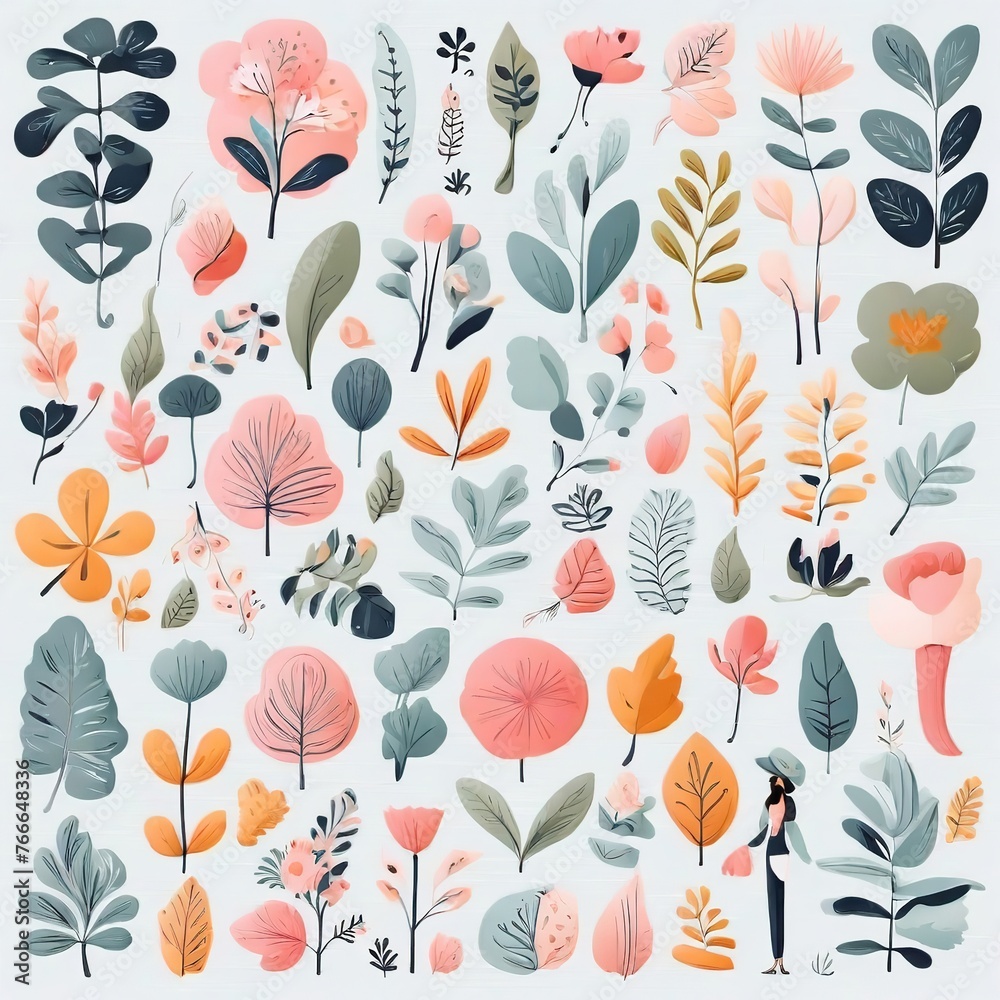 Obraz premium A collection of seamless pattern, colorful abstract plants and flowers. Hand drawn Collection of leaves and flowers. A close up of a pattern of flowers and leaves. 