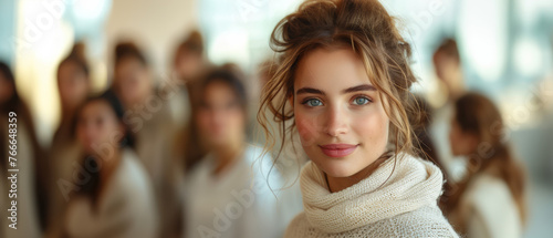 Stylish and fashionable young model in a conference center, people in the blurred background.