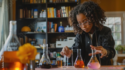 A student conducting a science experiment at home, turning everyday materials into tools of discovery and innovation. photo
