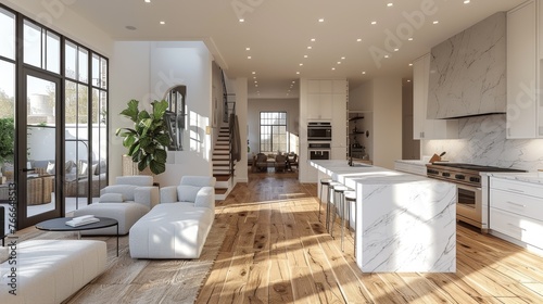 A spacious kitchen interior boasts a modern design with a large marble island  wooden floors  and an abundance of natural light.