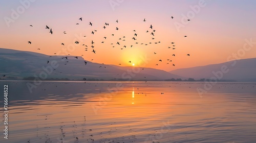 View of flock of birds flying above lake in sunset, Galilee, Israel
 photo