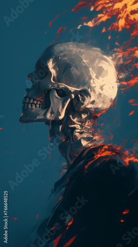 Human skull in flames, profile view, cold palette