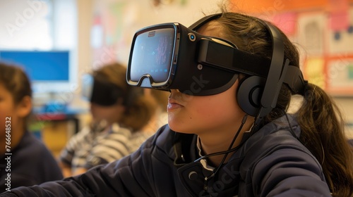 A student engrossed in a virtual reality lesson, transported to distant lands and eras through the power of technology.