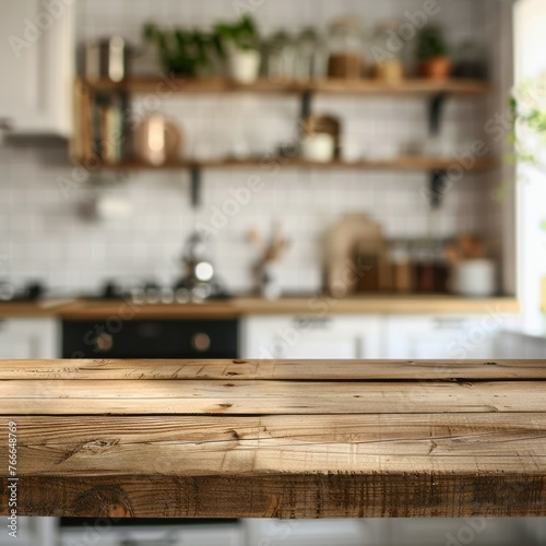 Empty Wooden Tabletop with Blurred Kitchen Background