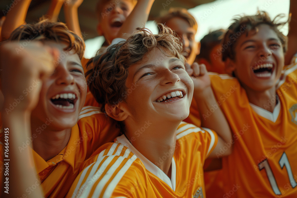 Fototapeta premium cheerful young boys celebrating victory in soccer field 
