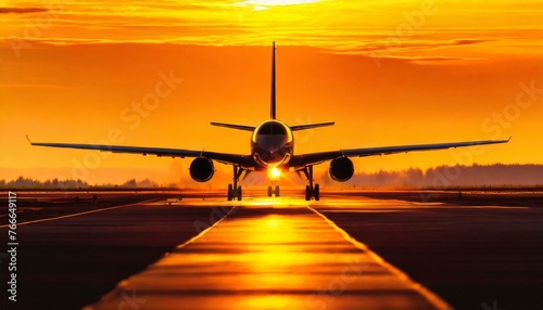 A landscape front view of a large private jet is silhouetted against the sun at dawn or sunset, the warm orange, purple, pink and yellow tones of the sunset create a dramatic color palette. photo