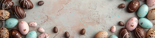 Easter banner with chocolate eggs and candiesle background, panoramic shot