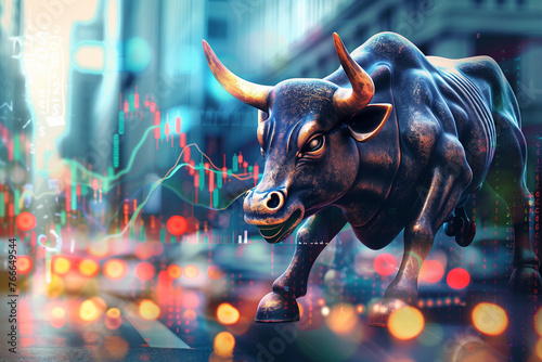 Dynamic Bull Market Illustration with Cityscape and Financial Candlestick Chart photo