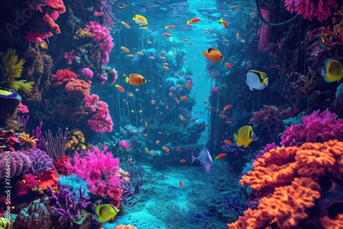 Surreal underwater scene with vibrant marine life in a fantasy style 3D background